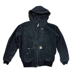 Carhartt Black Hooded Jacket Paint Splatter Men’s M Broken Zipper